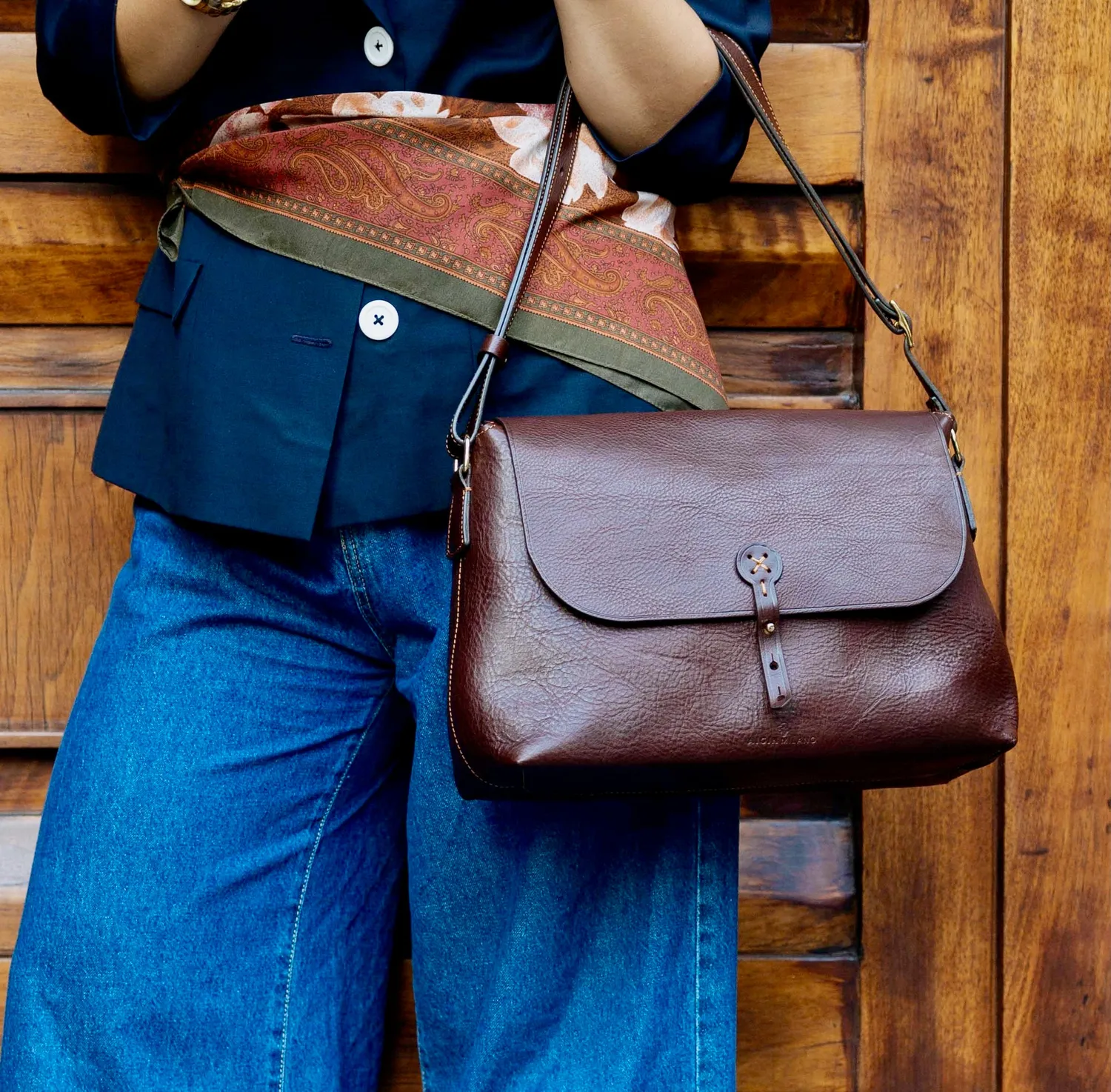 Aigin Milano borsa tracolla pelle miele grande 34cm
