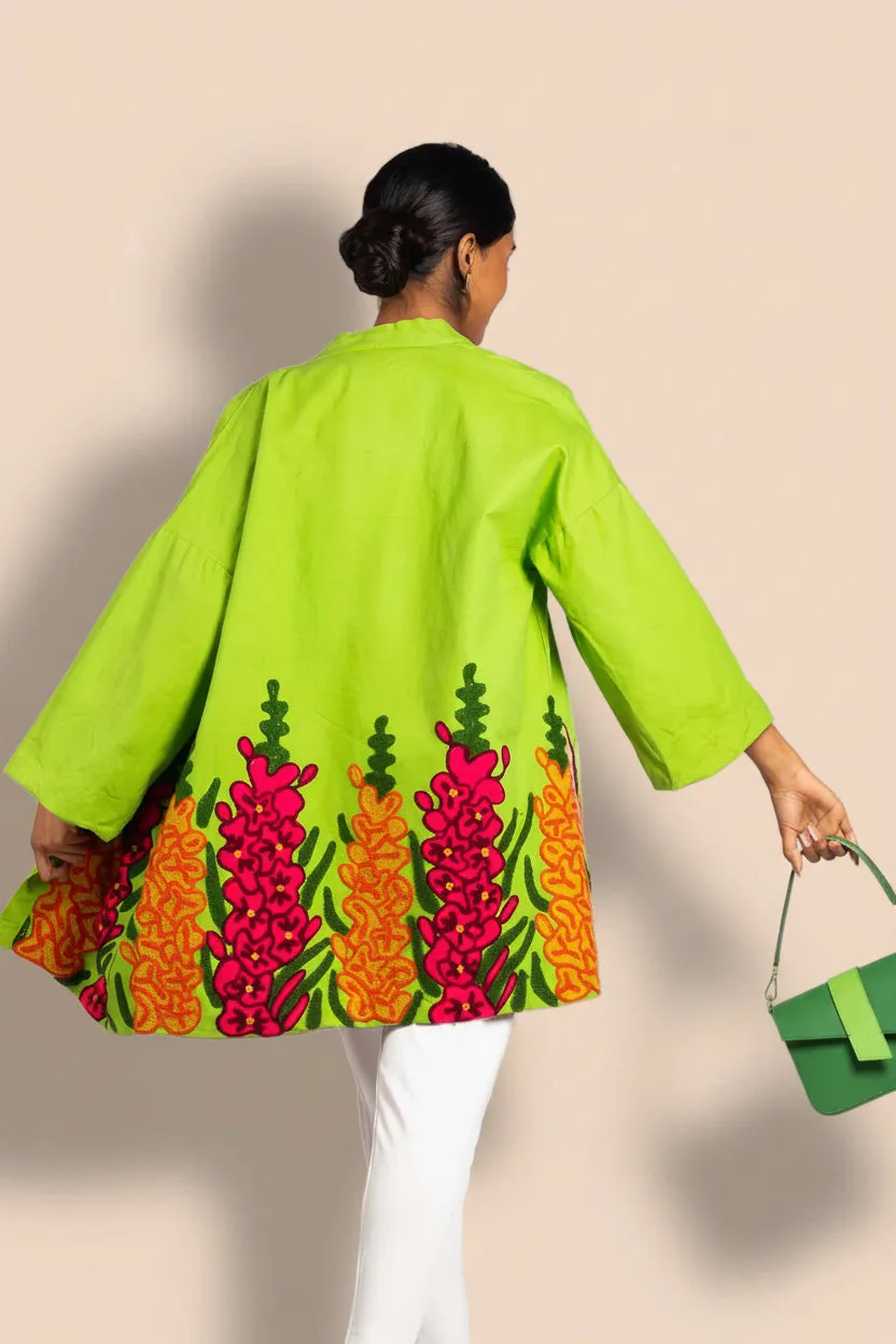 Figus Flower kimono ricamato cotone verde