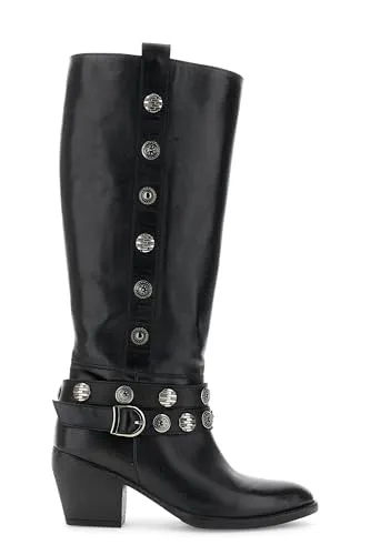 CafèNoir Stivali Pelle Nero Bottoni Tacco 7 cm