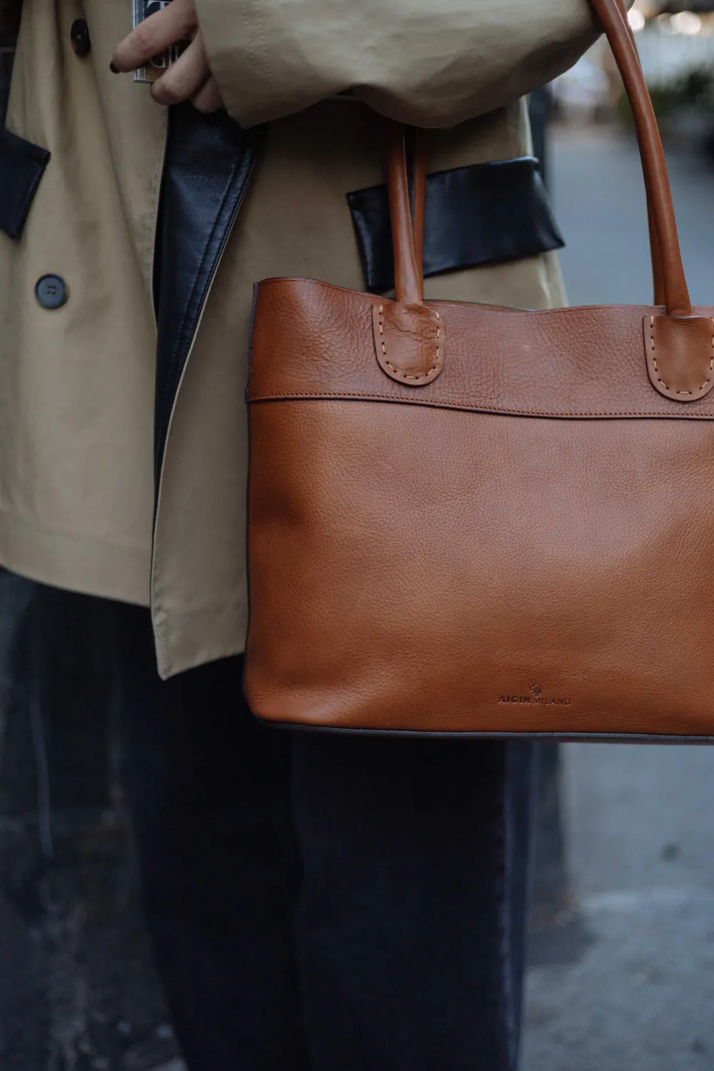 Aigin Milano tote pelle miele divisorio zip 40 cm