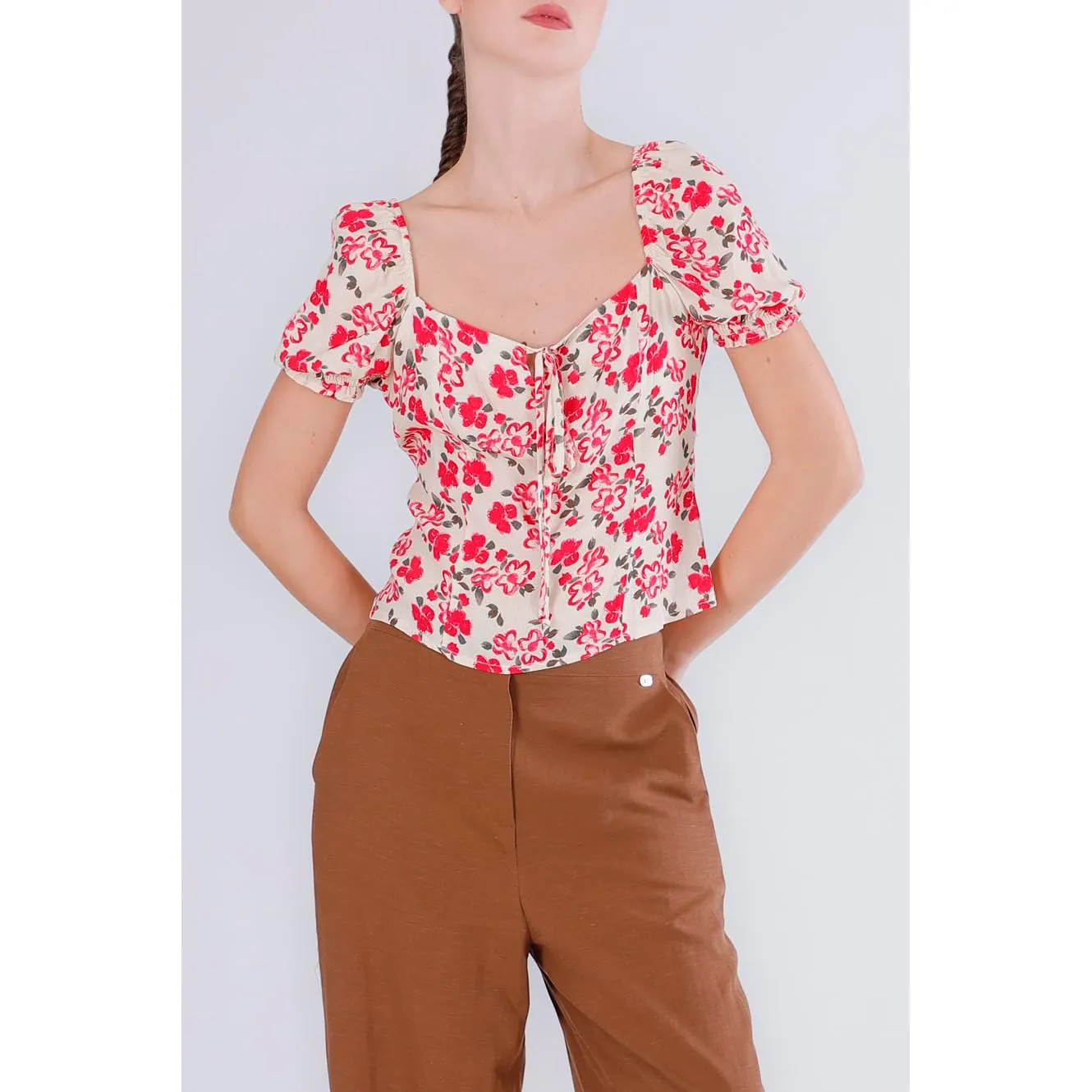 CafèNoir Top Viscosa Fiore Multirosso Smanicato