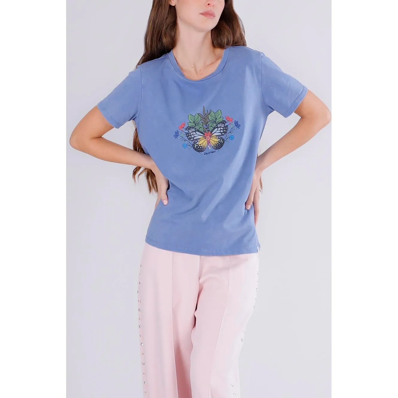 CafèNoir T-Shirt Stampa Farfalla maglietta donna M celeste