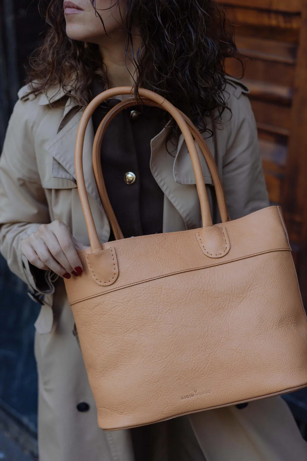 Aigin Milano tote borsa spalla pelle miele grande
