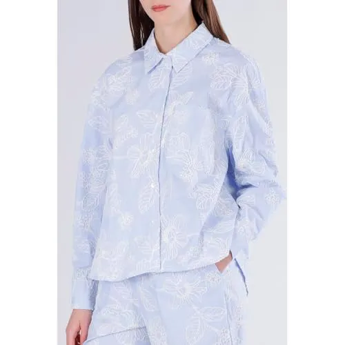 CafèNoir Camicia Over Rigata Donna Celeste S ricamata