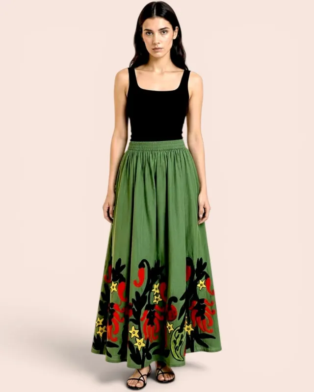 Figus Peperoncini Gonna Cotone Verde Ricamata