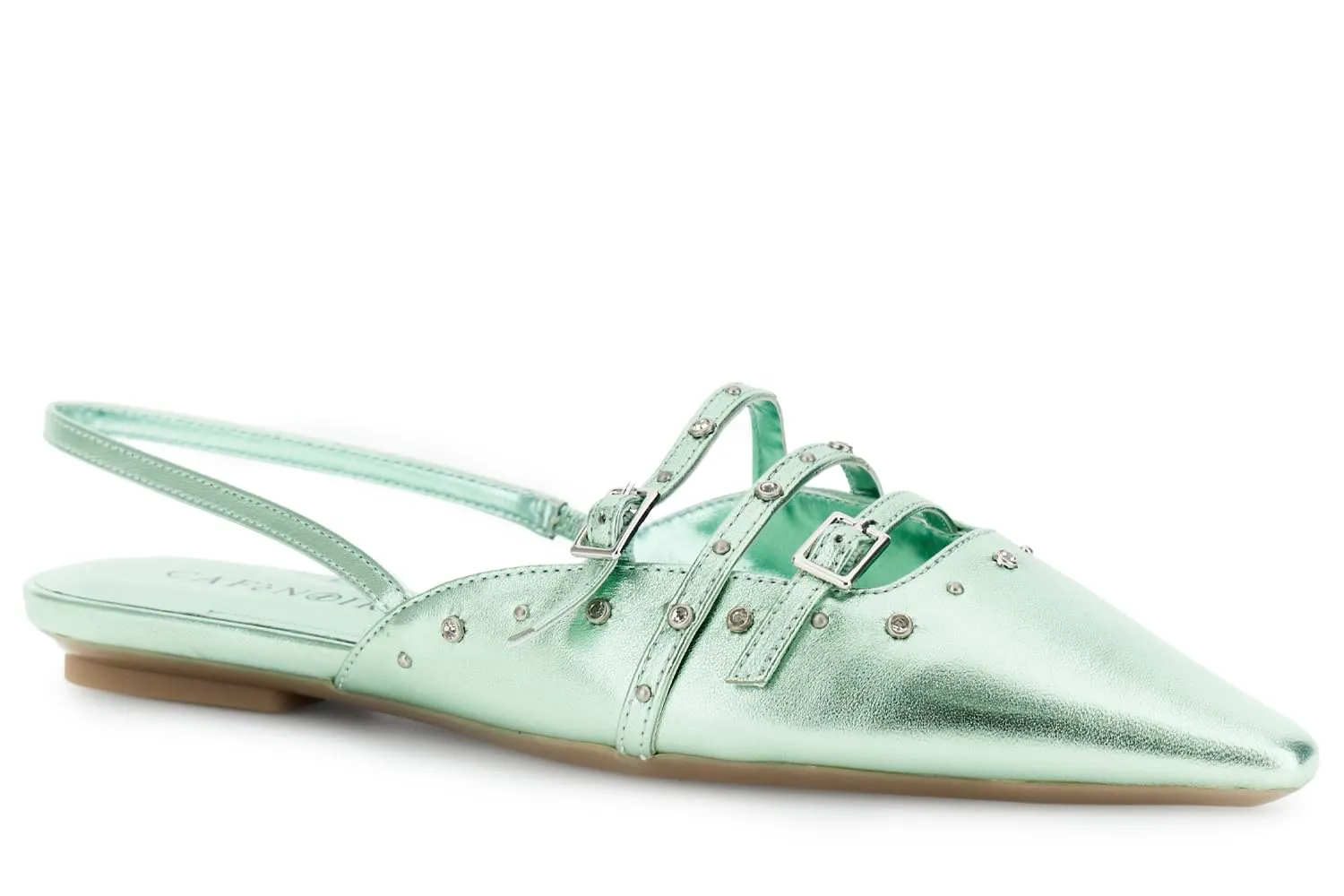 CafèNoir Slingback Pelle Laminata Borchie Strass Acqua Marina