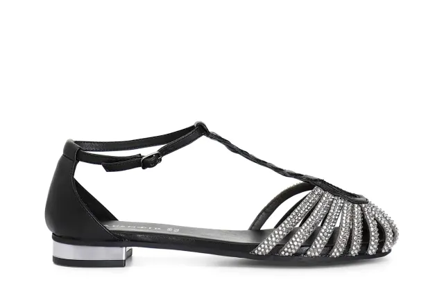 CafèNoir Sandali a T in Pelle con Microstrass Nero