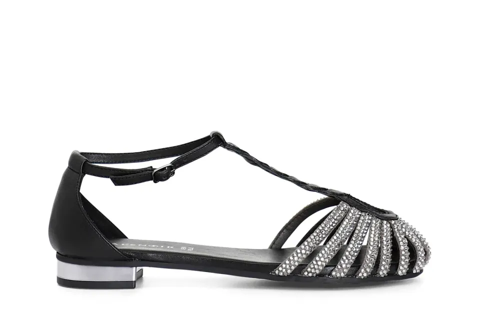 CafèNoir Sandali a T in Pelle con Microstrass Nero