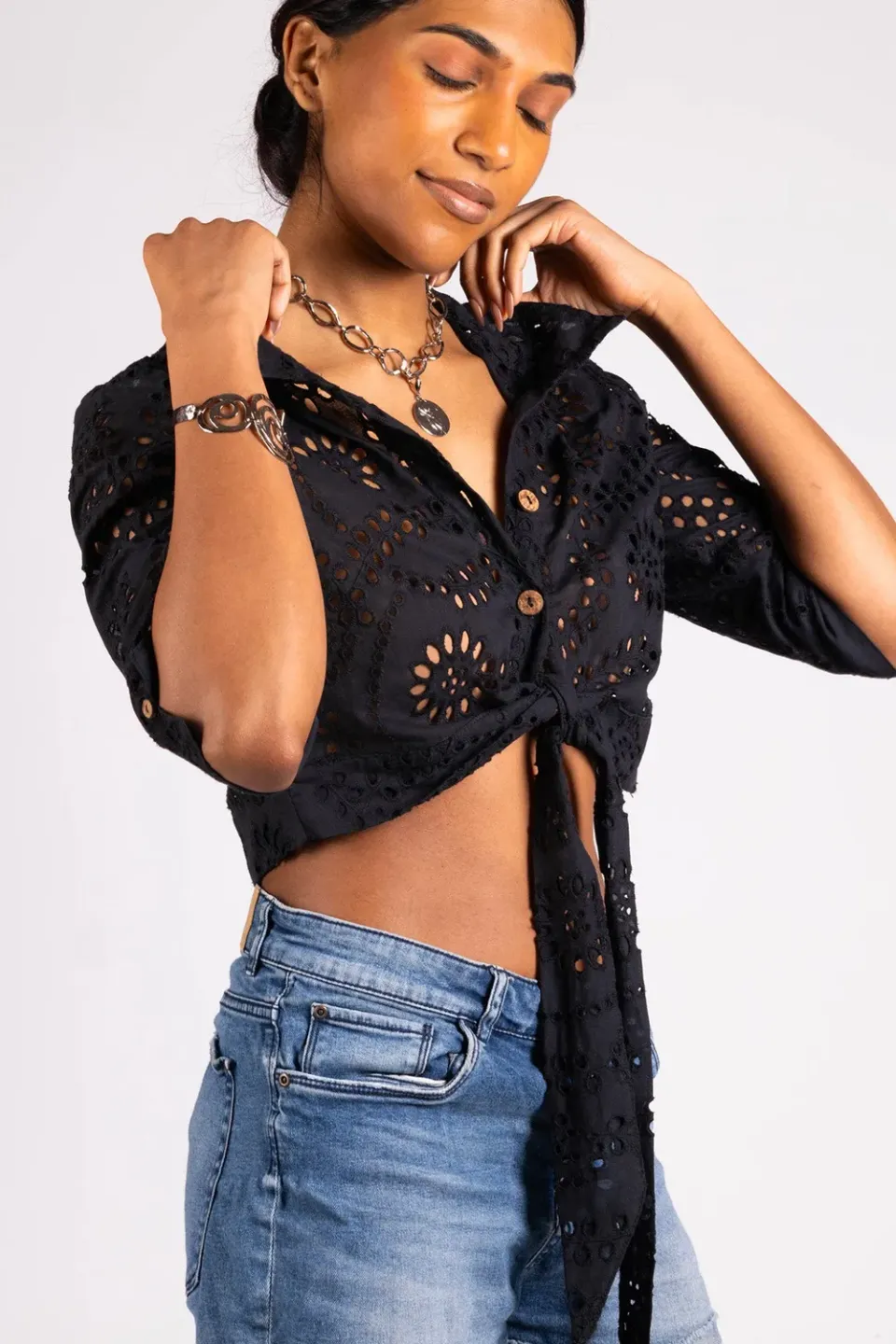 Figus Amalfi camicia sangallo nodo nera cotone