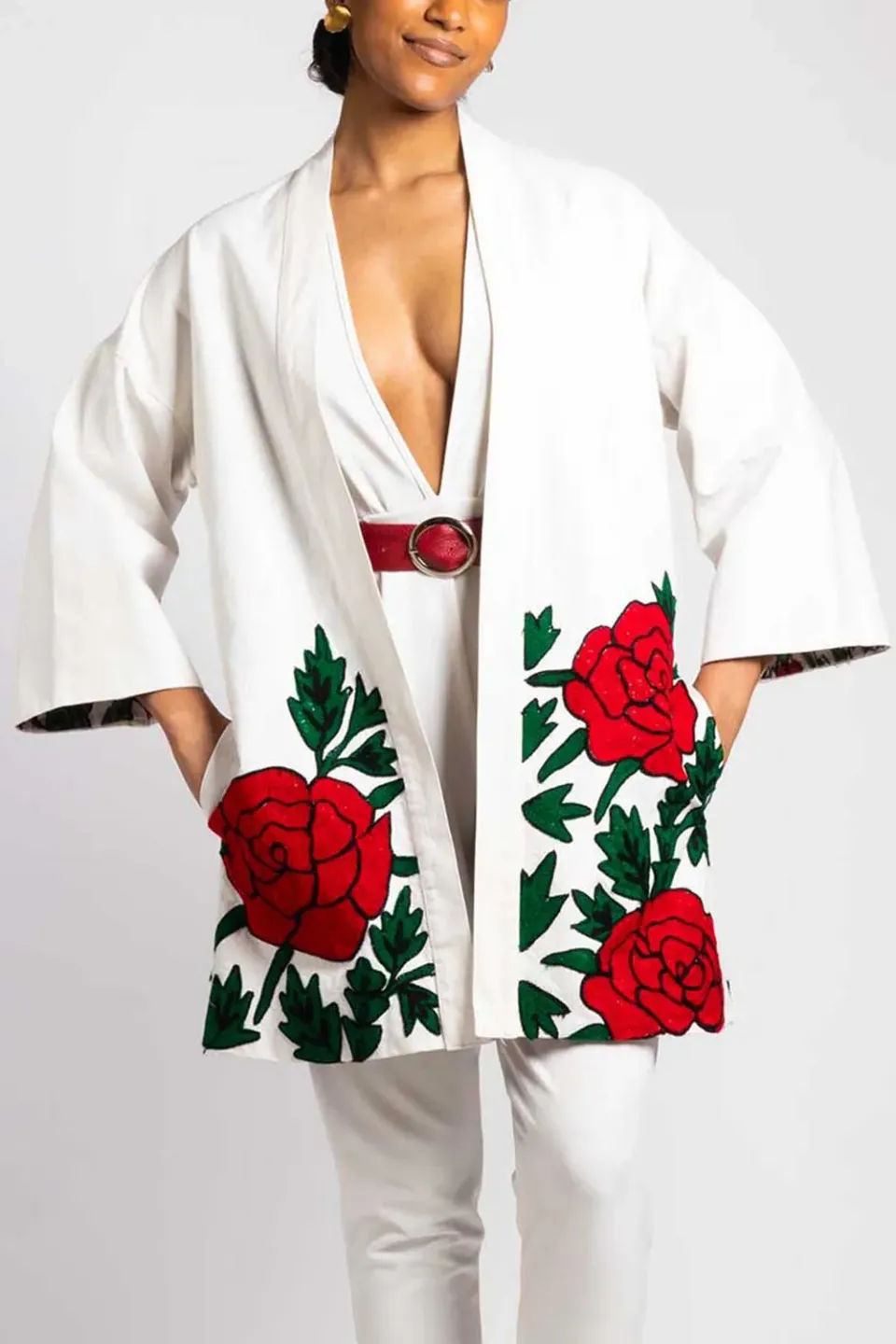 Figus Kimono Roses kimono bianco e rosso cotone
