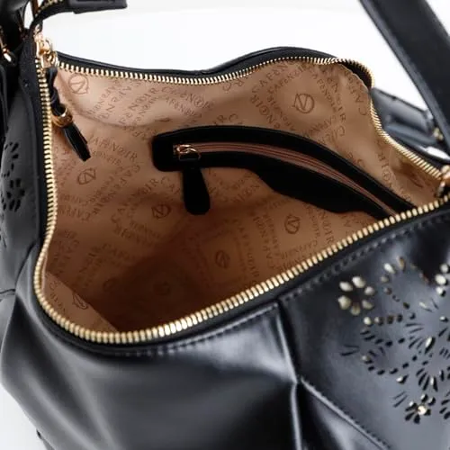 CafèNoir Sacca Pieghe Borsa Nera Laseratura Floreale
