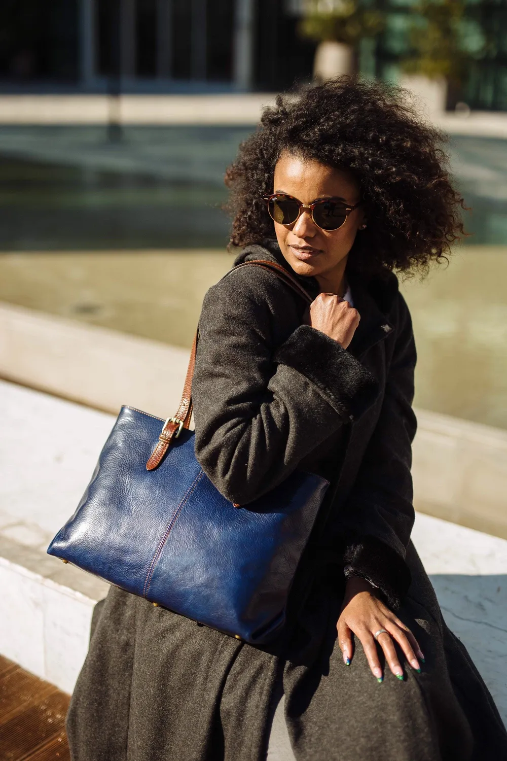 Aigin Milano Tote Borsa in Pelle Blu Concia Vegetale
