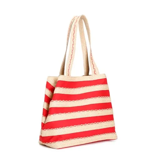 CafèNoir Shopping Bag Raffia Canvas Shopper Corallo Pompon