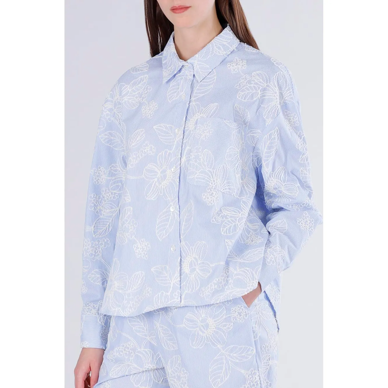 CafèNoir Camicia Over Rigata Donna Celeste S ricamata
