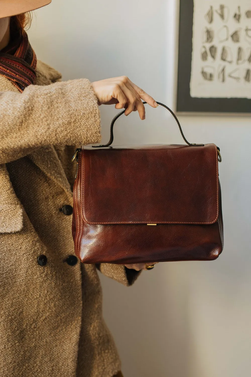 Aigin Milano Handmade Borsa Pelle Marrone Chiaro Zip