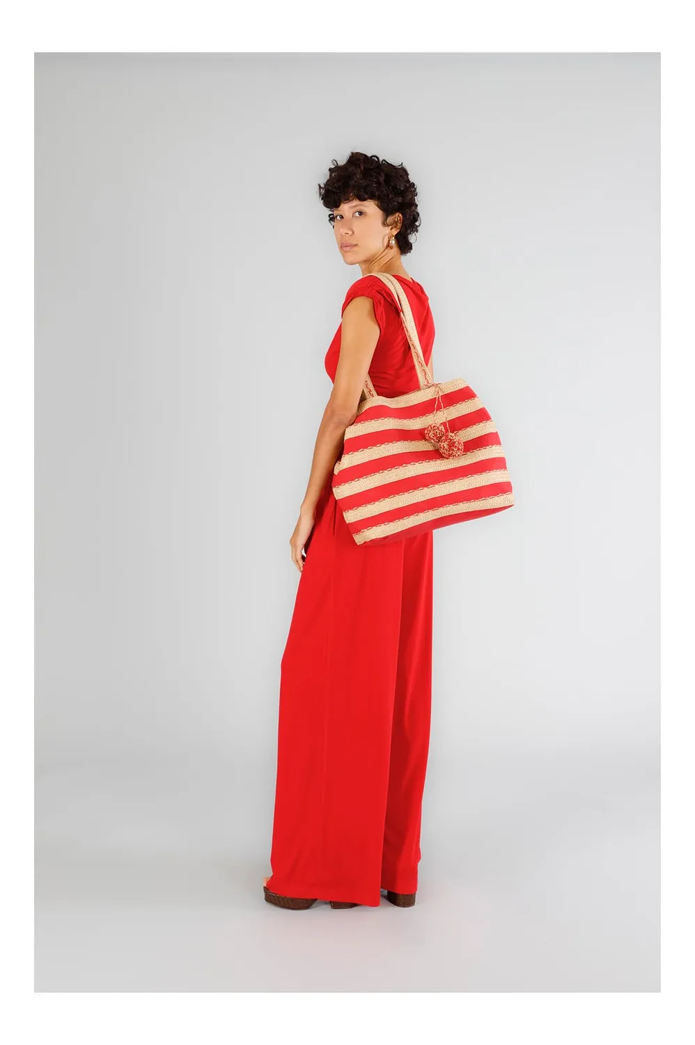 CafèNoir Shopping Bag Raffia Canvas Shopper Corallo Pompon