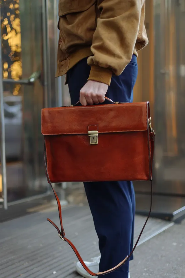 Aigin Milano Leather Briefcase Cartella Pelle Marrone PC