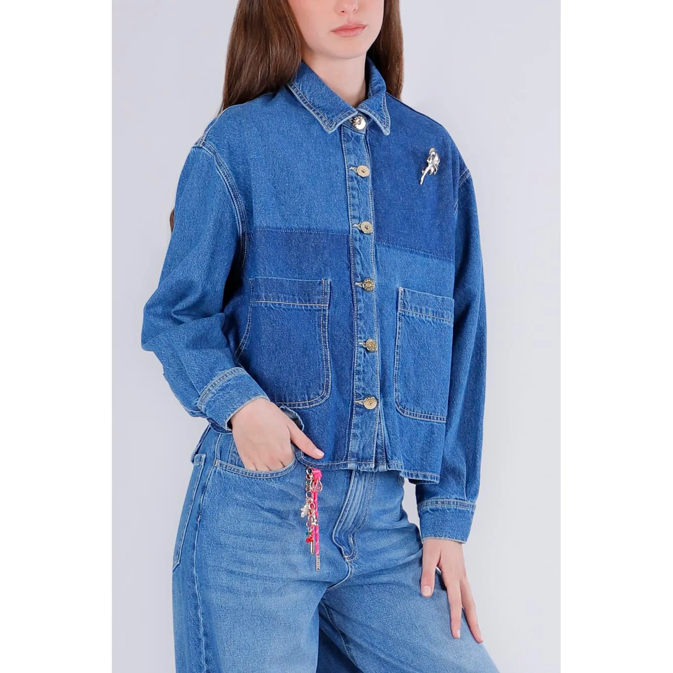 CafèNoir Giubbino Cropped Patchwork Denim spilla gioiello