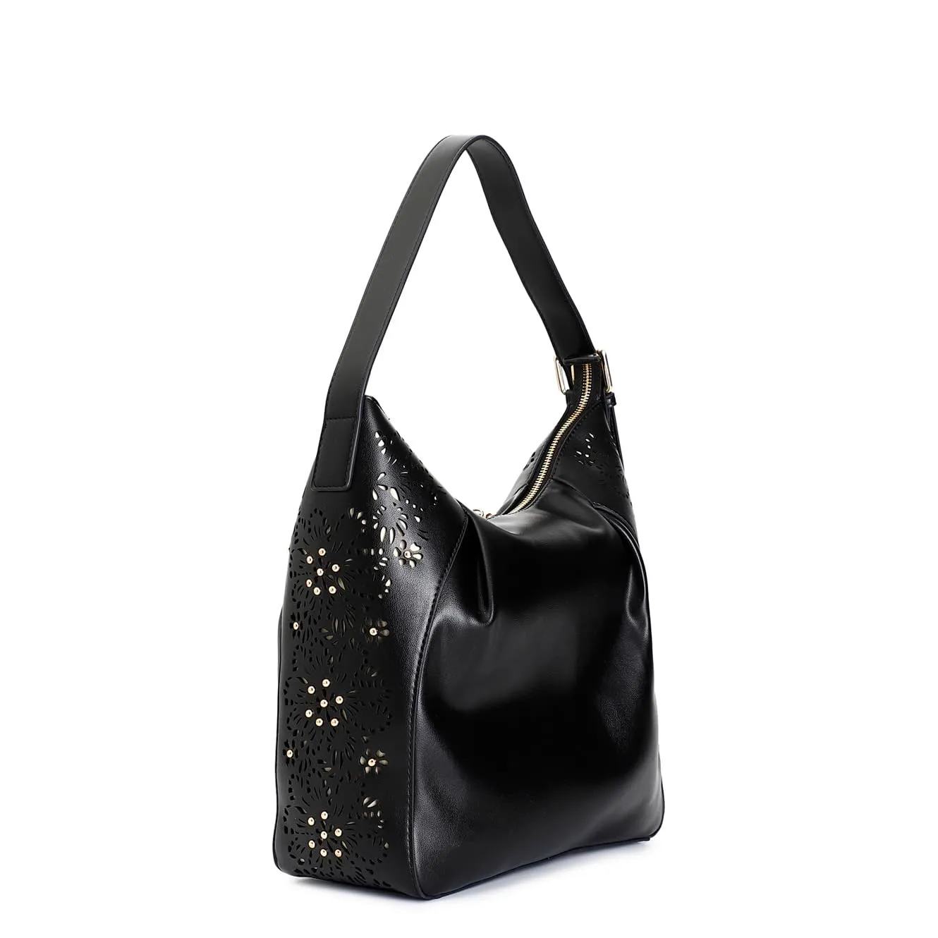CafèNoir Sacca Pieghe Borsa Nera Laseratura Floreale