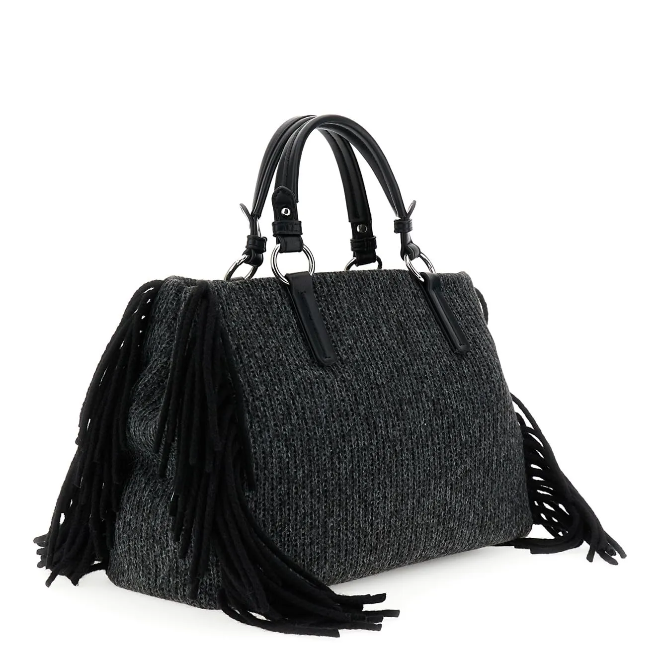 CafèNoir Borsa a Mano Maglia Nera Frange Lana
