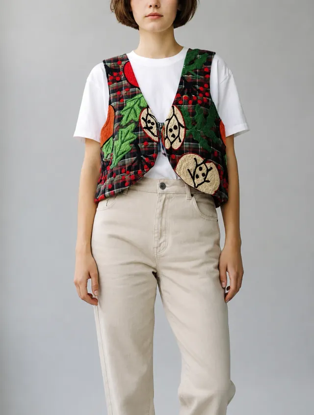 Figus Mela gilet lana ricamato woodblock