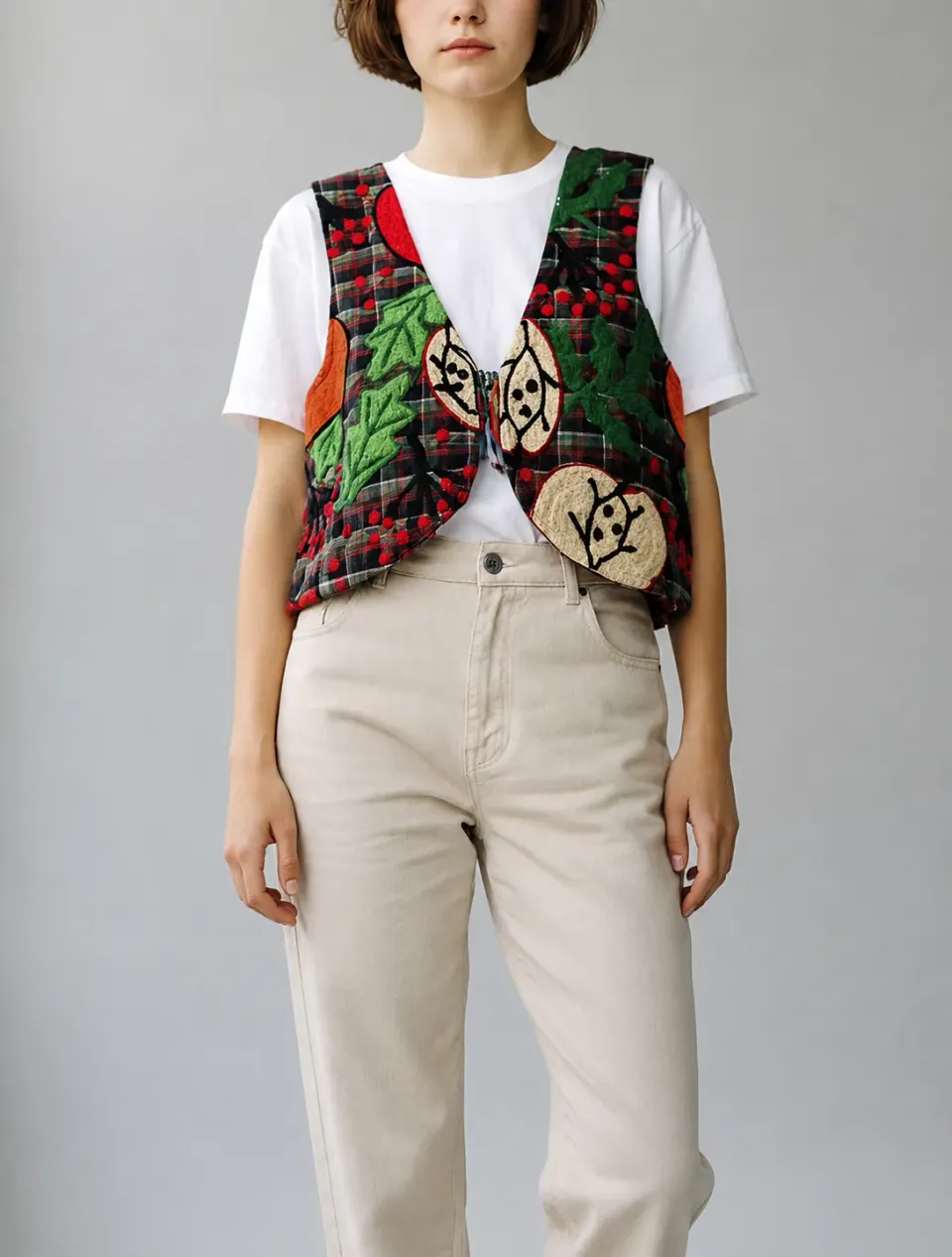 Figus Mela gilet lana ricamato woodblock