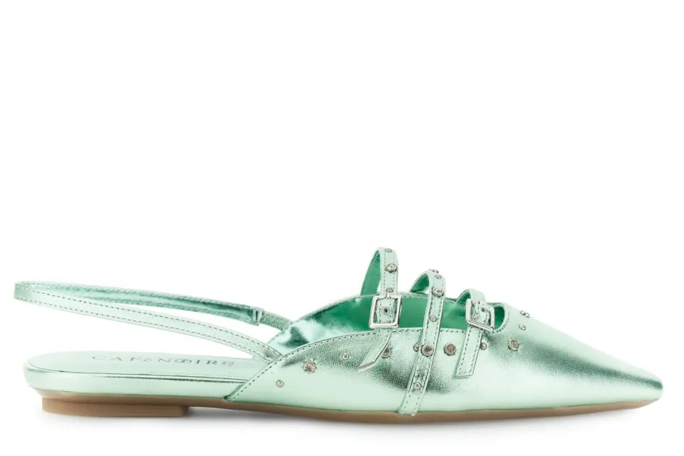 CafèNoir Slingback Pelle Laminata Borchie Strass Acqua Marina