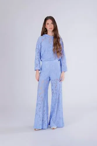 CafèNoir Pantaloni Palazzo in Pizzo Cotone Celeste S