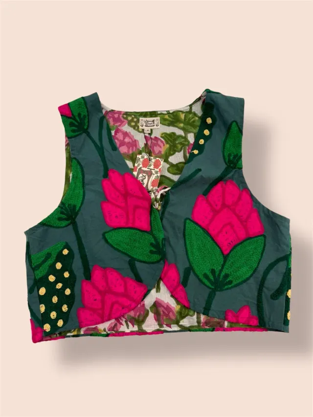 Figus Fiore di Loto gilet cotone verde fucsia