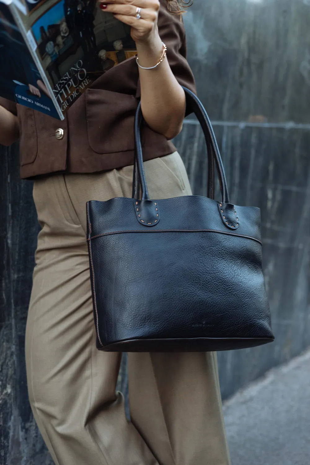 Aigin Milano tote borsa spalla pelle marrone 40cm
