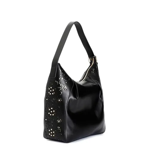 CafèNoir Sacca Pieghe Borsa Nera Laseratura Floreale