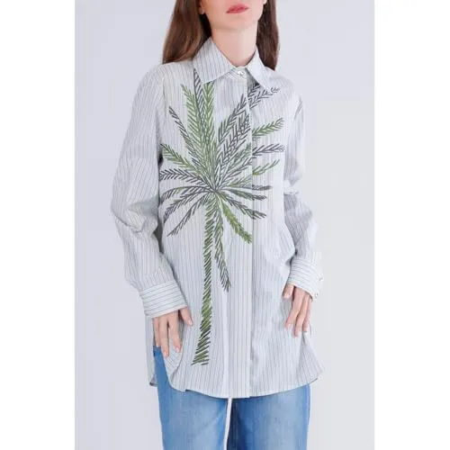 CafèNoir Camicia Rigata Palma Ricamata Multiverde S