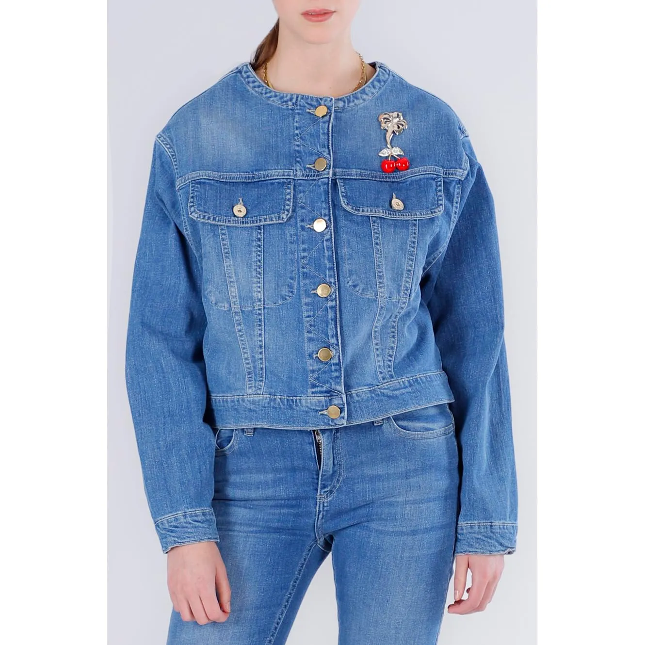 CafèNoir Giubbino Jeans Senza Colletto Blu Medio