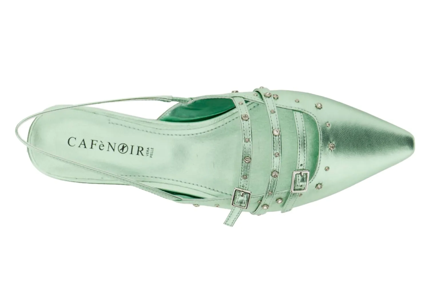 CafèNoir Slingback Pelle Laminata Borchie Strass Acqua Marina