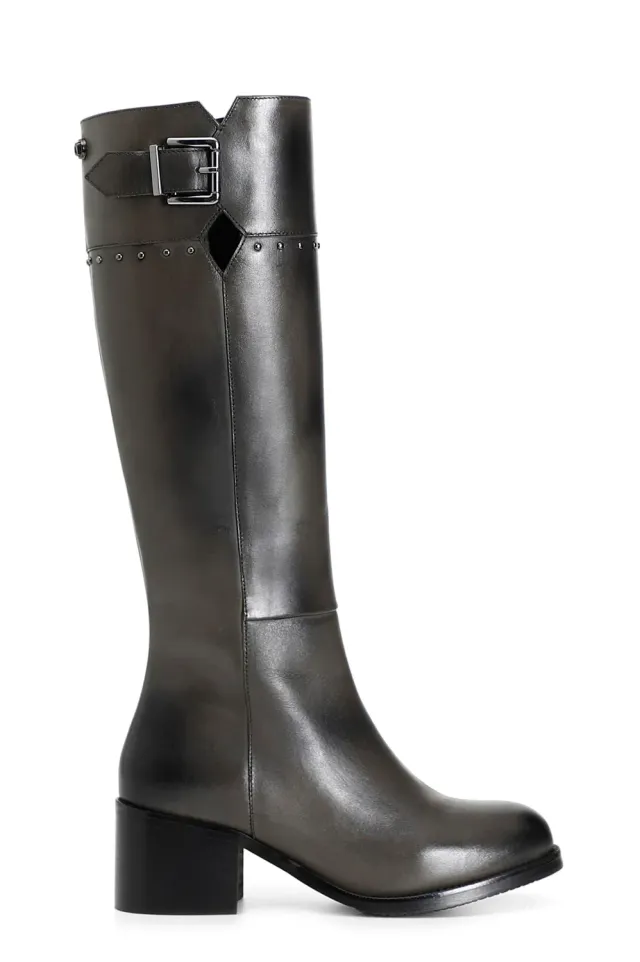 CafèNoir Stivale Pelle Fibbia Borchie Tacco 5 cm Nero
