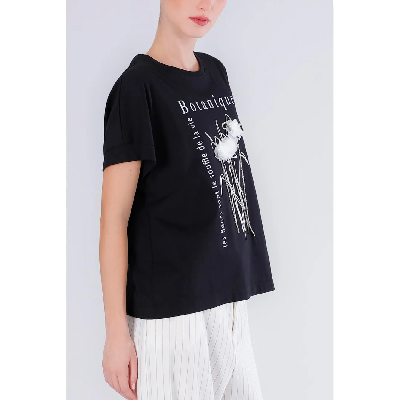 CafèNoir T-Shirt Fiori maglietta donna nero cotone