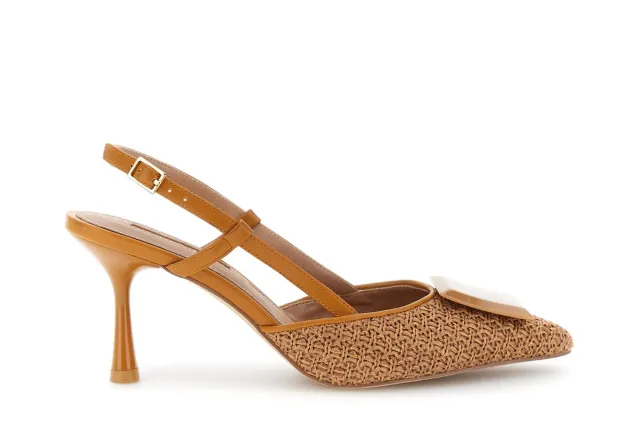 CafèNoir Slingback Effetto Rafia Décolleté Cuoio Tacco 8 cm