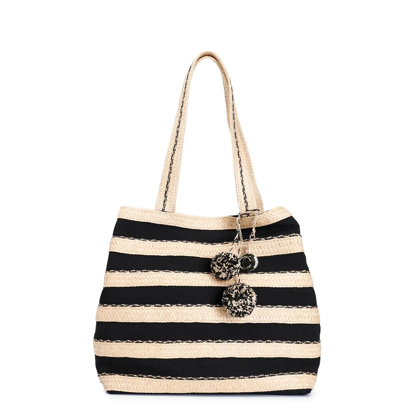 CafèNoir Shopping Bag Raffia Canvas Shopper Corallo Pompon