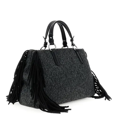 CafèNoir Borsa a Mano Maglia Nera Frange Lana