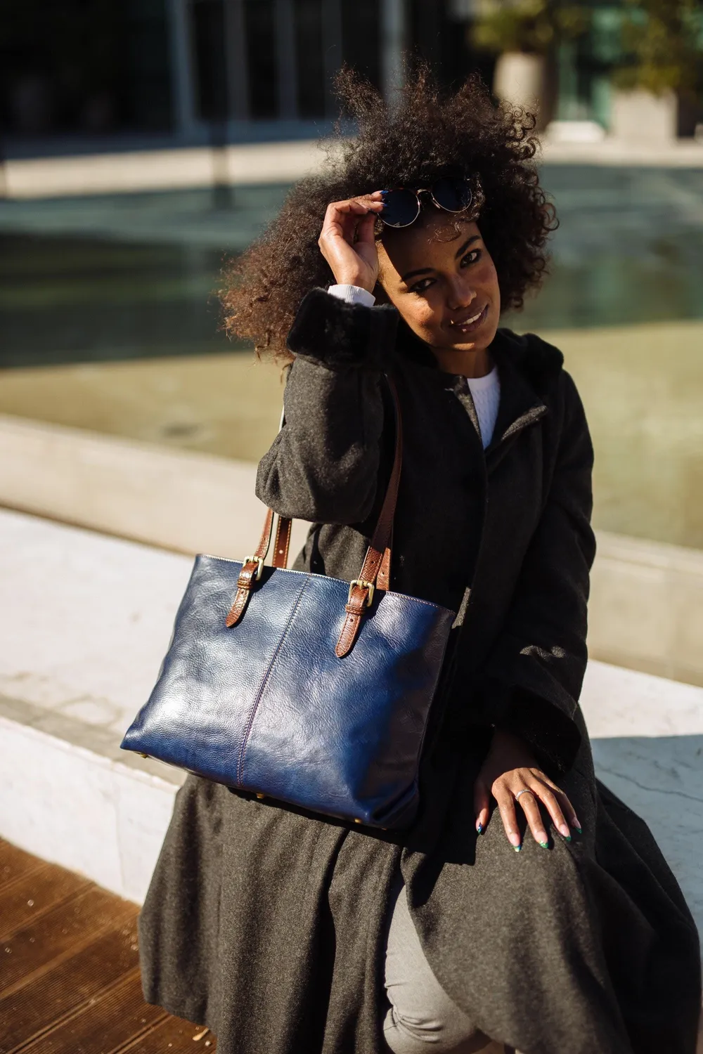 Aigin Milano Tote Borsa in Pelle Blu Concia Vegetale