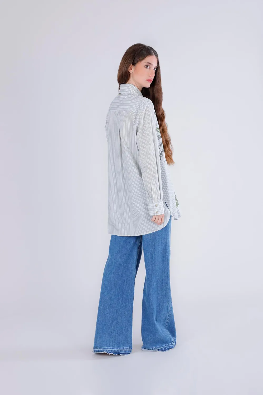 CafèNoir Camicia Rigata Palma Ricamata Multiverde S