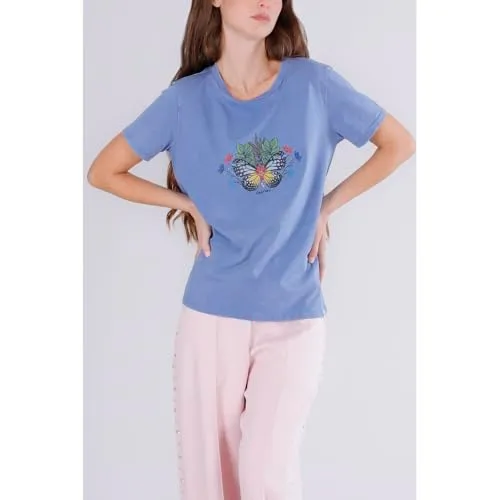 CafèNoir T-Shirt Stampa Farfalla maglietta donna M celeste