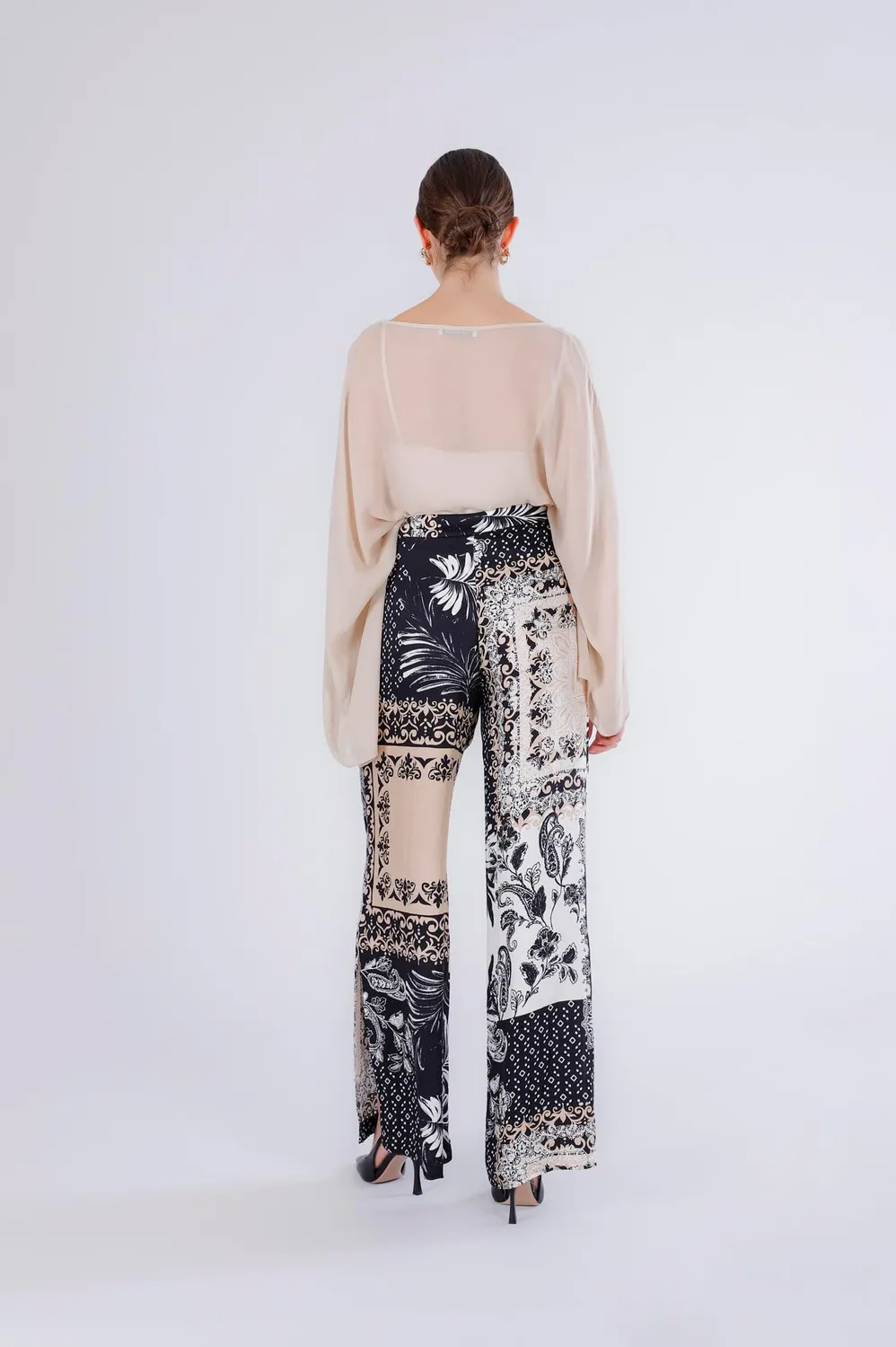 CafèNoir Palazzo Satin Stampato pantaloni 38 patchwork